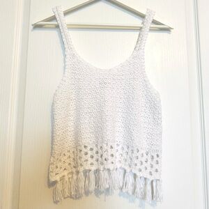 Aerie AE womens XS White Crochet Crop Tank Top fringed resort beachy boho hippie